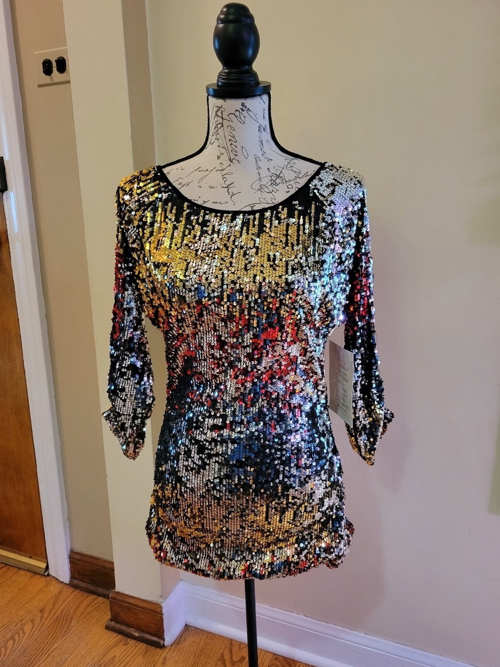 Boston Proper Sequin Abstract Tunic Top in Black & Multicolor Size Small NWT